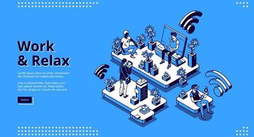 Work and relax isometric landing page, web banner vector