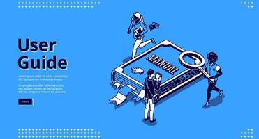 User guide isometric landing page, people and book vector