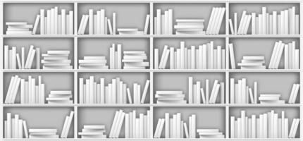 White bookshelf mockup, books on shelf in library vector