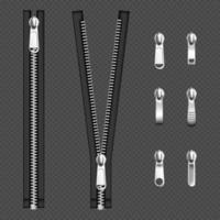 Metal zip fasteners, silver zippers puller set vector