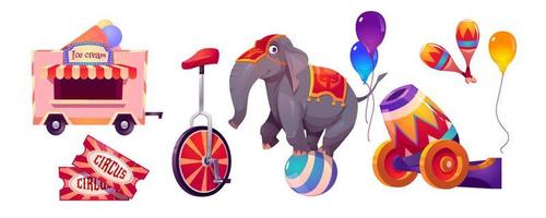 Circus stuff and elephant on ball, big top tent vector