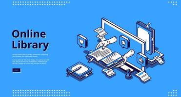 Online library isometric landing, internet service vector