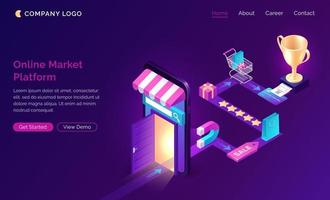 Online market platform isometric landing page, vector