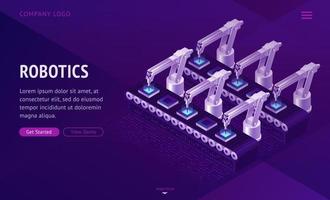 Factory conveyor belt landing page. Robotics arms. vector