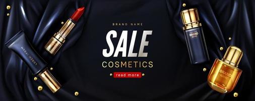 Sale banner with cosmetic products on black silk
