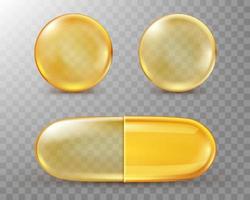 Capsules with oil, gold round and oval pills. vector