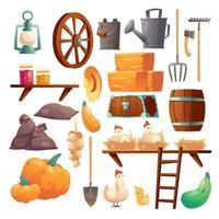Set of barn stuff, chicken and chicks, farm things vector