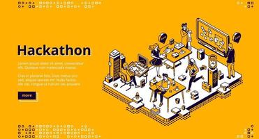 Hackathon isometric landing, software development vector