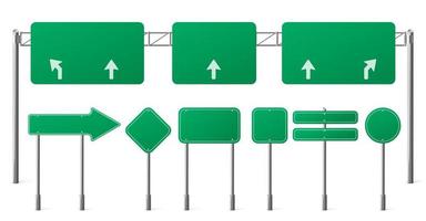 Highway green road signs, blank signage boards set vector