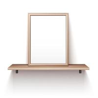 Empty photo frame standing on wooden shelf vector