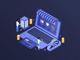 Online Shopping Isometric Dark Gradient Illustration. Suitable for Mobile App, Website, Banner, Diagrams, Infographics, and Other Graphic Assets. vector