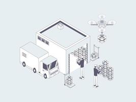 E-Commerce Warehouse Isometric Illustration Lineal Gray. Suitable for Mobile App, Website, Banner, Diagrams, Infographics, and Other Graphic Assets. vector