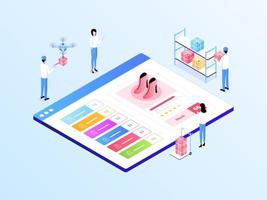 Gradiente de luz de ilustración isométrica de stock de sincronización omnicanal de comercio electrónico. adecuado para aplicaciones móviles, sitios web, pancartas, diagramas, infografías y otros activos gráficos. vector