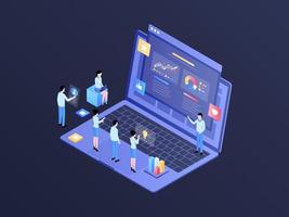 Business Pitching Isometric Illustration Dark Gradient. Suitable for Mobile App, Website, Banner, Diagrams, Infographics, and Other Graphic Assets. vector