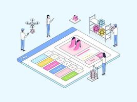 E-Commerce Omnichannel Synchronization Stock  Isometric Illustration Lineal Color. Suitable for Mobile App, Website, Banner, Diagrams, Infographics, and Other Graphic Assets. vector