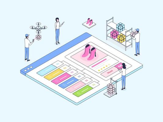 E-Commerce Omnichannel Synchronization Stock  Isometric Illustration Lineal Color. Suitable for Mobile App, Website, Banner, Diagrams, Infographics, and Other Graphic Assets.