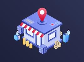 Business Offline Store Location Isometric Illustration Dark Gradient. Suitable for Mobile App, Website, Banner, Diagrams, Infographics, and Other Graphic Assets. vector