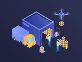 E-Commerce Warehouse Isometric Illustration Dark Gradient. Suitable for Mobile App, Website, Banner, Diagrams, Infographics, and Other Graphic Assets. vector