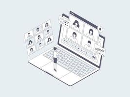 Online Meeting Isometric Illustration Lineal Grey. Suitable for Mobile App, Website, Banner, Diagrams, Infographics, and Other Graphic Assets. vector