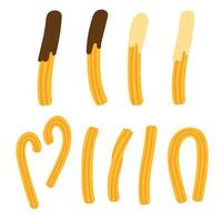 Set of churros with chocolate and cream sauce. Mexican snack. Hand drawn vector illustration. Churros sticks, different shapes on white.