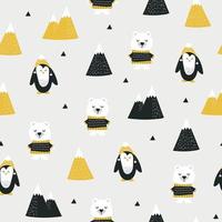 Cute seamless pattern with polar bear, penguin and mountains. Hand drawn kids nordic design. Winter vector illustration background.
