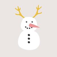 Creative hand drawn christmas card with funny smiling snowman with horns. Simple icon vector