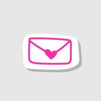 Hand drawn vector envelope sticker with heart shape signet. Pink isolated on grey