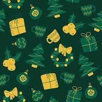 lindo y simple dibujado a mano garabato navidad fondo de patrón sin costuras en estilo escandinavo minimalista, colores verde y amarillo vector