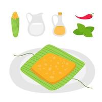 Homemade Mexican food. Tamales or humita. Dish ingredients. Recipe icons on white background. Spices traditional food vector. vector