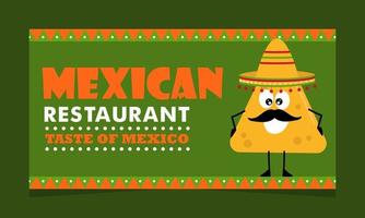 Nachos in sombretro. Cheerful character with smile and mustache. Traditional Mexican Cuisine. Landing banner with promo. Mexican restaurant. vector