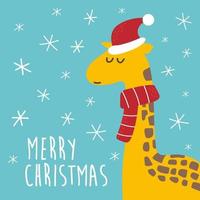 linda jirafa navideña con sombrero de santa, ilustración vectorial de dibujos animados. estilo moderno, elemento para el diseño de niños. tarjeta de feliz navidad vector