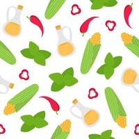 Background with corn, pepper, basil, oil. Ingredients for Mexican cuisine. Seamless pattern on a white background. For cookbook, packaging. vector