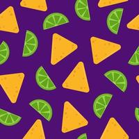 Background with nacho, slice of lime on purple- seamless pattern. Mexican snack. Pattern for wrapping, textile, design vector