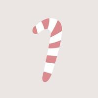 lindo bastón de caramelo de navidad - icono de vector en color rosa. caramelo rayado aislado sobre fondo gris. diseño escandinavo minimalista