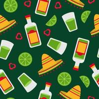 Colorful Mexican seamless pattern with tequila bottle, sombrero, chili pepper, lime shot, vector illustration. Pattern for wrapping, textile, design