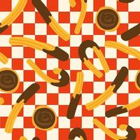 Mexican or Spanish traditional dessert on a red checkered napkin. Churros with chocolate. Seamless pattern. Traditional pastries. Vector