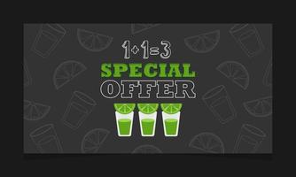 Vector illustration. Advertising banner. Tequila shots, special offer. Three shots for the price of two. Special menu in mexican restaurant