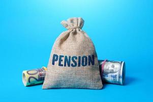 Pension money bag. Retirement payments and benefits. Social Security Financing retirees. Pensions funds. Retirement saving rate. Planning and management. Financial statements and calculation. 401k photo