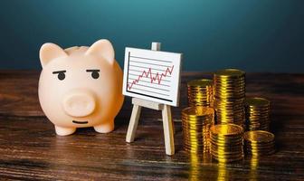 Pig piggy bank is satisfied with profit growth indicators. Growth in profits, value of stocks shares and commodities. Deposit revenue. Make a good deal. Successful business, dynamic development. photo