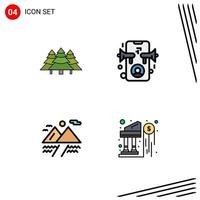 Group of 4 Modern Filledline Flat Colors Set for forest camping tree advertising mountain Editable Vector Design Elements