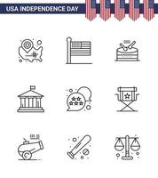 Paquete de 9 líneas de EE. UU. De signos y símbolos del día de la independencia de la bandera Desfile de la bandera estadounidense de EE. UU. Elementos de diseño vectorial editables del día de EE. UU. vector