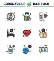 Paquete de iconos de corona de virus viral de 9 colores planos, como cuidado de la salud, latido del corazón, cama de hospital, coronavirus viral 2019nov, elementos de diseño de vectores de enfermedad