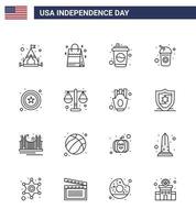 Group of 16 Lines Set for Independence day of United States of America such as scale justice cola court star Editable USA Day Vector Design Elements