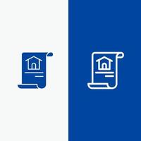 documento de construcción construcción de viviendas línea y glifo icono sólido bandera azul línea y glifo icono sólido bandera azul vector