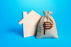 House silhouette and a philippine peso money bag. Home purchase, investment in real estate construction. Realtor services. House project development. Rental business. Property appraisal. Mortgage loan photo