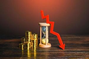 dinero, reloj de arena y flecha hacia abajo. disminución de los salarios por hora. salvar los ahorros de la inflación. caída de los ingresos. bajando las tasas hipotecarias. rendimiento decreciente de la inversión a lo largo del tiempo. reducción de costos, precios foto