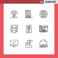 9 User Interface Outline Pack of modern Signs and Symbols of globe printer upload print internet Editable Vector Design Elements
