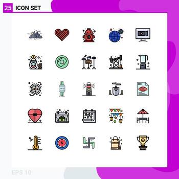 25 Universal Filled line Flat Color Signs Symbols of screen security fire secure protection Editable Vector Design Elements