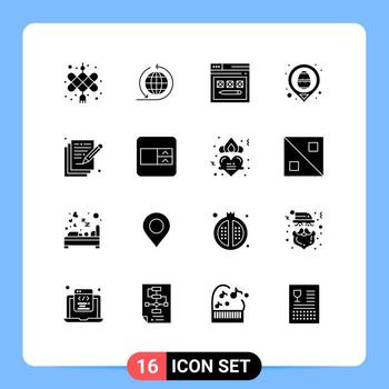 Mobile Interface Solid Glyph Set of 16 Pictograms of arts poetry web map egg Editable Vector Design Elements