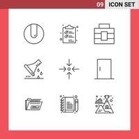 Modern Set of 9 Outlines Pictograph of collapse test tube briefcase sample flask erlenmeyer flask Editable Vector Design Elements